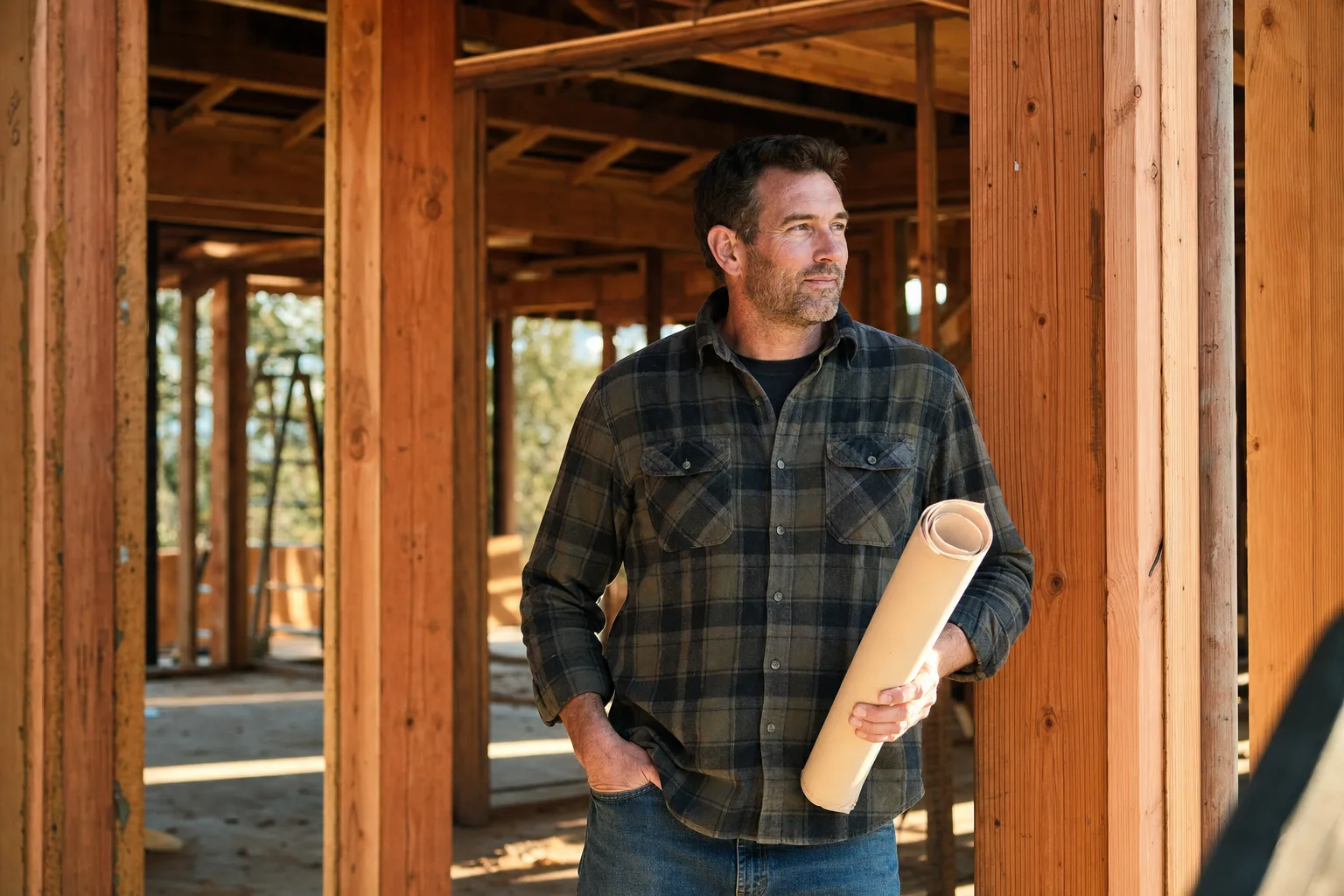 Rees Purcell, owner of RPC General Contracting, standing in a framed opening on a residential jobsite
