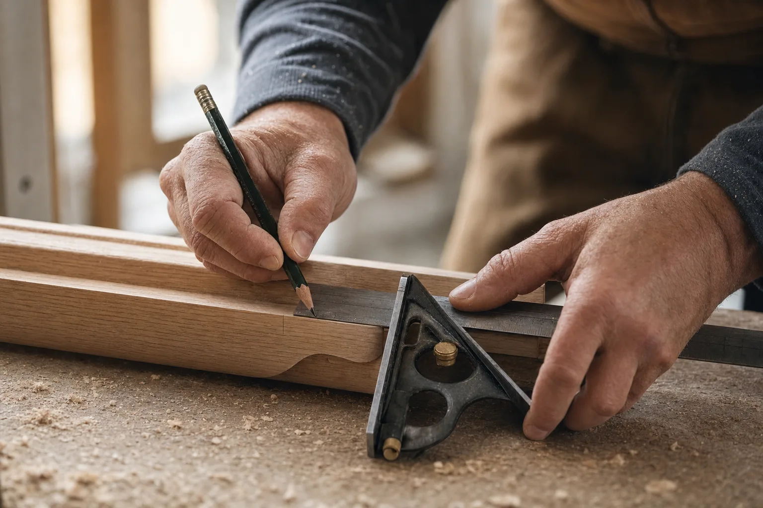 Carpenter marking a piece of white oak trim with a pencil and combination square
