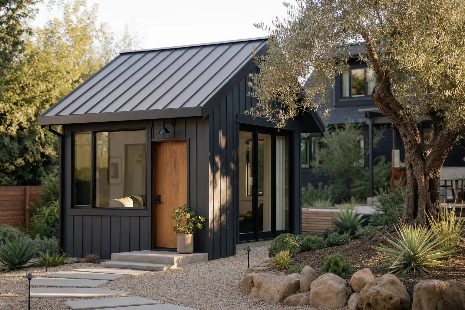 Detached ADU with dark board-and-batten siding and a metal shed roof — representative image