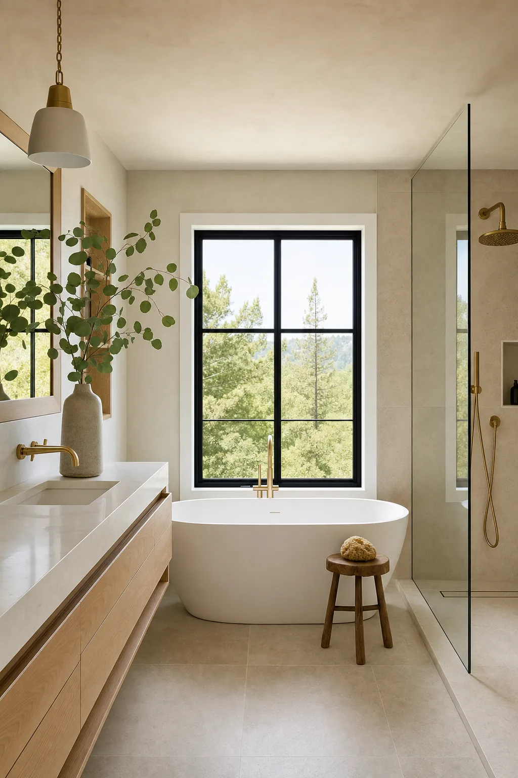 Primary bathroom with limestone tile, freestanding tub, and white oak double vanity — representative image