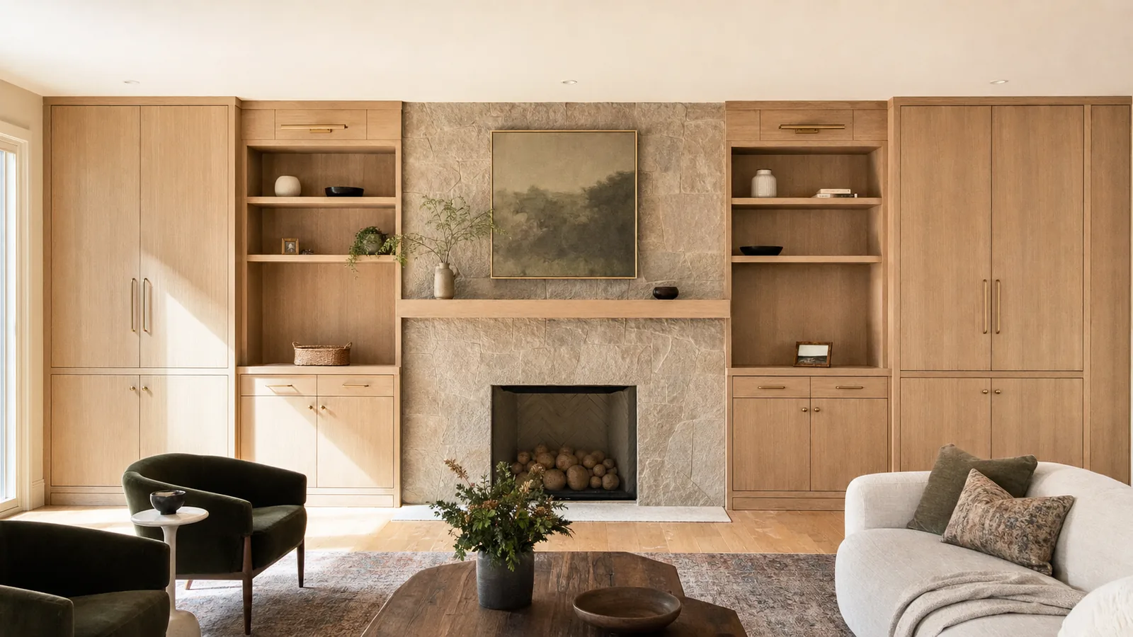 Custom white oak built-in cabinetry flanking a stone fireplace — representative image