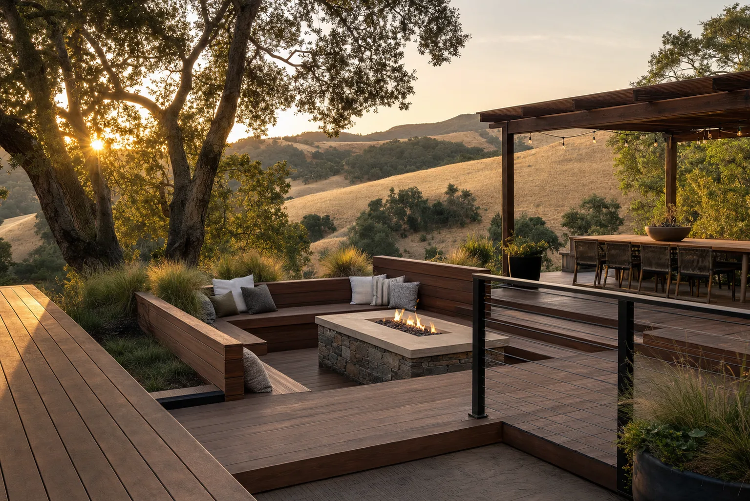 Hardwood deck with cable railing, built-in bench seating, and a stone fire feature — representative image