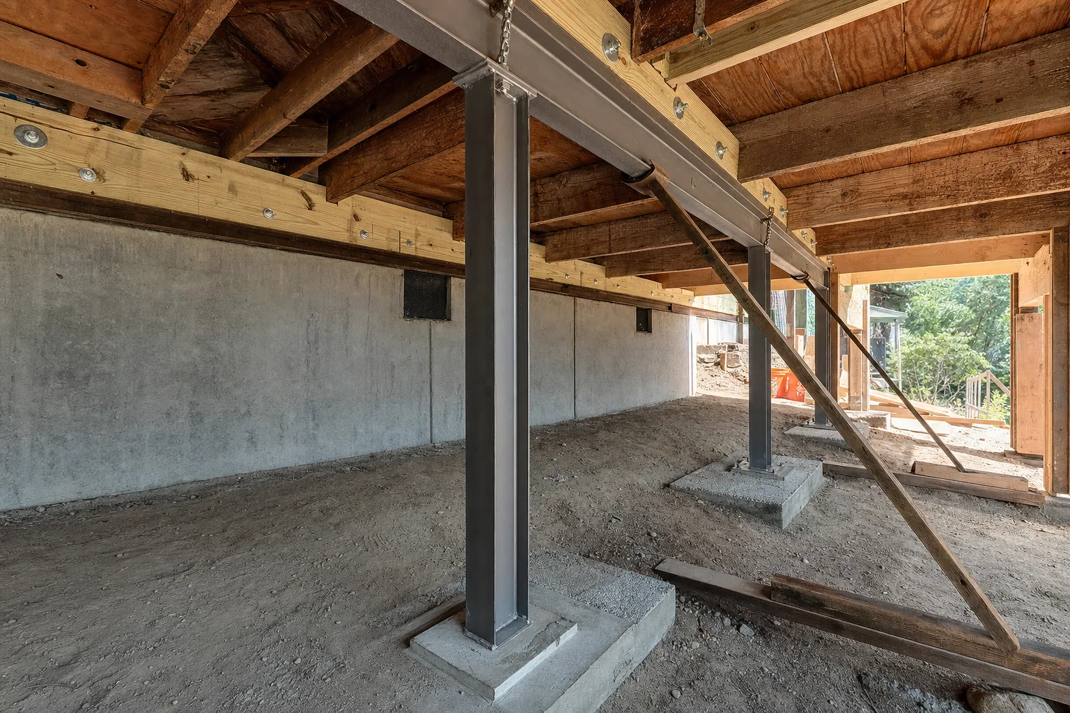 Structural repair with steel posts, concrete footings, and engineered beams — representative image