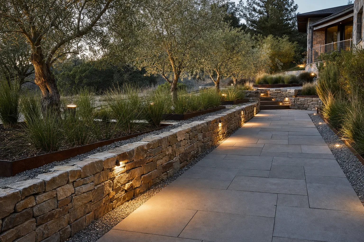 Dry-stacked stone retaining wall and bluestone paver walkway — representative image