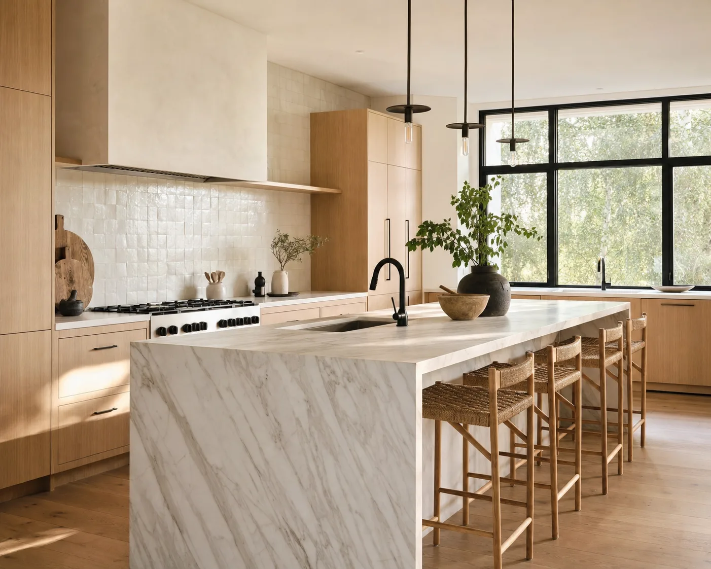 Kitchen with white oak cabinetry and a marble waterfall island — representative image