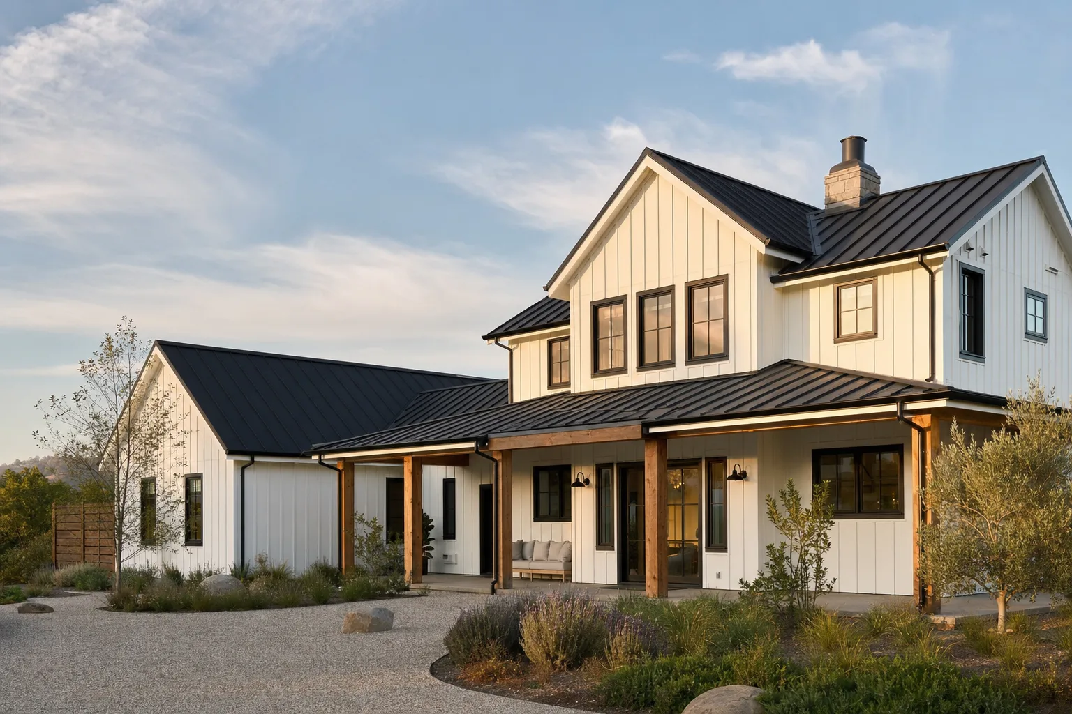 Two-story modern farmhouse custom home with black metal roof and covered porch — representative image
