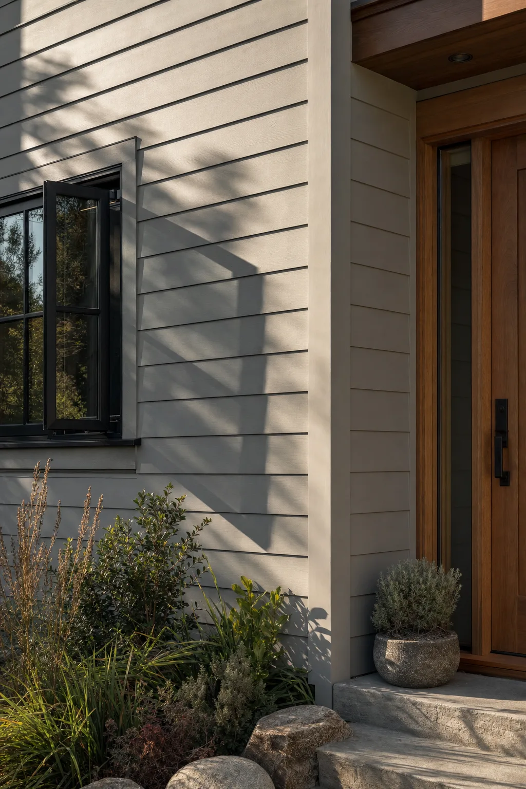 Fiber cement lap siding, black-framed casement window, and wood entry door — representative image