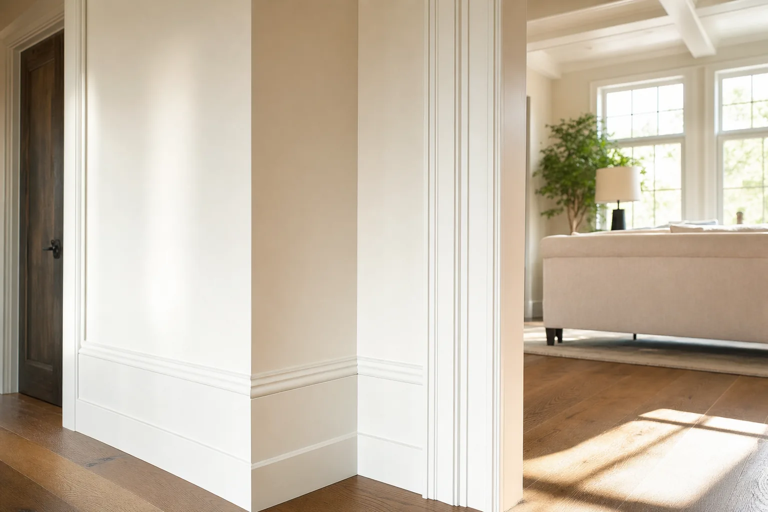 Interior trim carpentry — paint-grade baseboard, casing, and crown molding at a corner — representative image